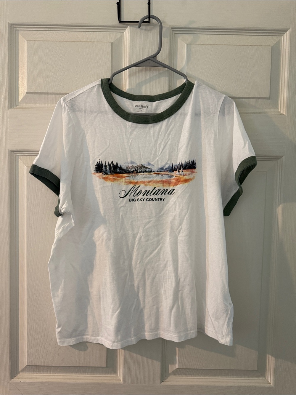 Old Navy White Tee with Green Trim and Montana Graphic